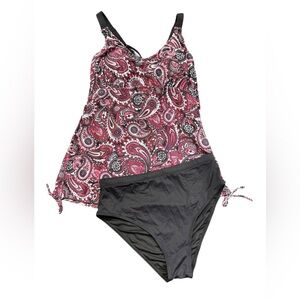 TEMPT ME women’s modest paisley cross back tankini top w solid black swim bottom